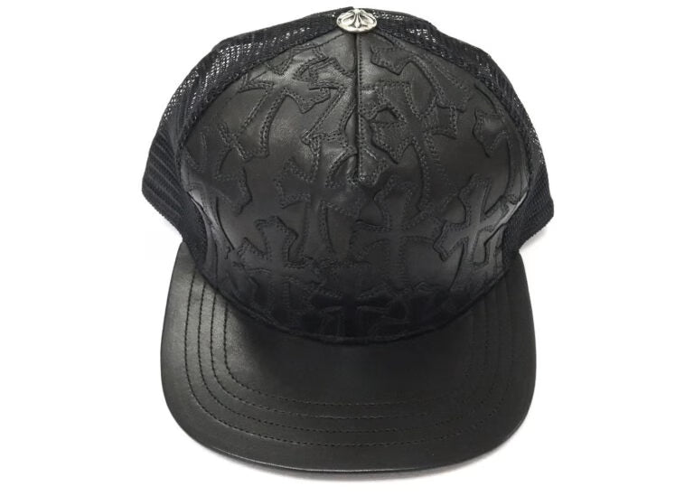 Cemetary Cross Leather Stitched Trucker Black Hat by Chrome Hearts